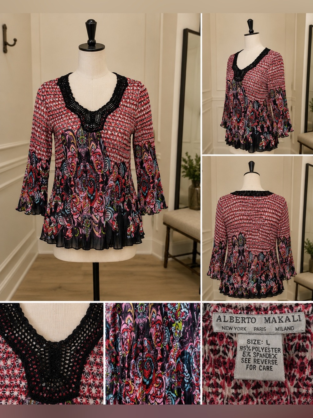 Alberto Makali Crochet Sequin Print Top Size L Pink Black Pleated Bell Sleeve - Picture 2 of 8